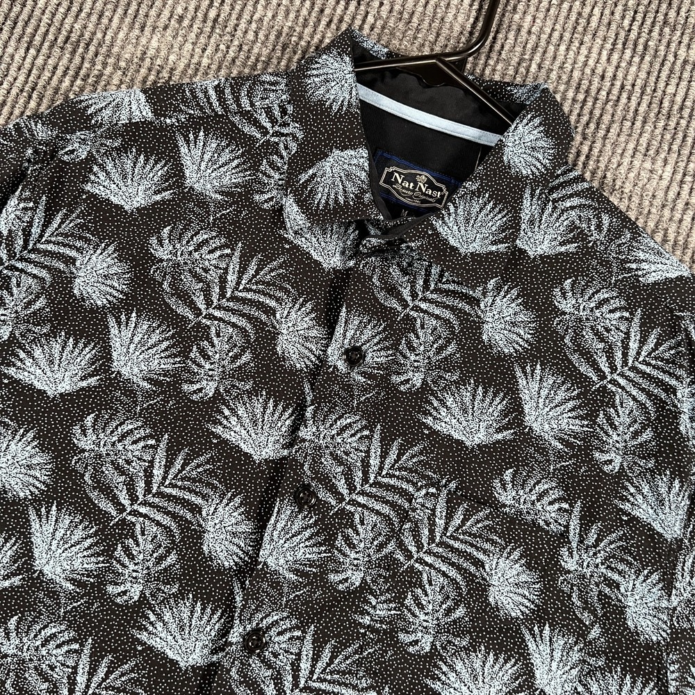 Nat Nast Shirt Mens Medium Blue Floral Geometric Short Sleeve Button Up Silk